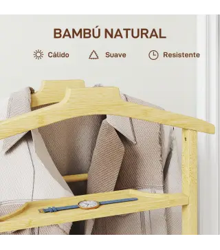 Galán de Noche de Bambú con Ruedas Colgadores Barras para Pantalones Bandeja y Zapatero 47x33,7x105,5 cm Natural