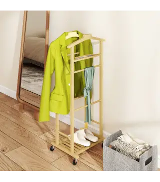 Galán de Noche de Bambú con Ruedas Colgadores Barras para Pantalones Bandeja y Zapatero 47x33,7x105,5 cm Natural