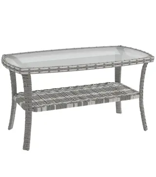 Mesa de Jardín Exterior Rectangular de Ratán con Estante Tablero de Vidrio Templado con Ondas 90x50x45 cm Gris Oscuro