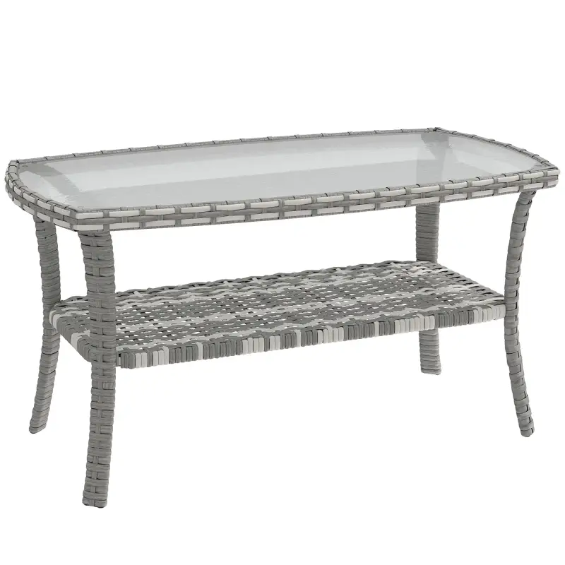 Mesa de Jardín Exterior Rectangular de Ratán con Estante Tablero de Vidrio Templado con Ondas 90x50x45 cm Gris Oscuro