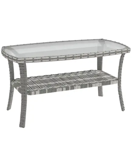 Mesa de Jardín Exterior Rectangular de Ratán con Estante Tablero de Vidrio Templado con Ondas 90x50x45 cm Gris Oscuro
