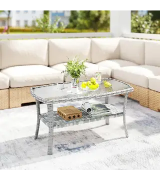 Mesa de Jardín Exterior Rectangular de Ratán con Estante Tablero de Vidrio Templado con Ondas 90x50x45 cm Gris Oscuro