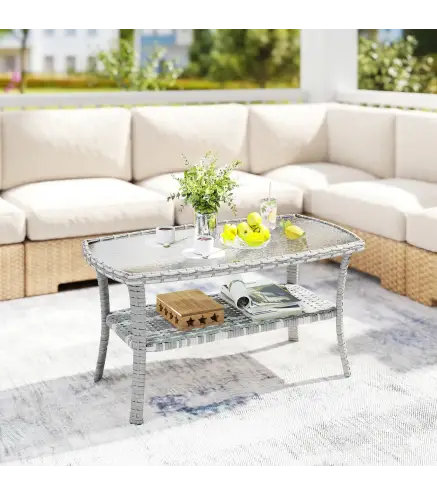 Mesa de Jardín Exterior Rectangular de Ratán con Estante Tablero de Vidrio Templado con Ondas 90x50x45 cm Gris Oscuro