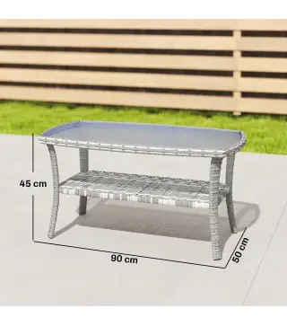 Mesa de Jardín Exterior Rectangular de Ratán con Estante Tablero de Vidrio Templado con Ondas 90x50x45 cm Gris Oscuro