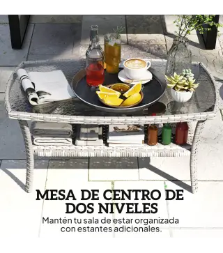 Mesa de Jardín Exterior Rectangular de Ratán con Estante Tablero de Vidrio Templado con Ondas 90x50x45 cm Gris Oscuro