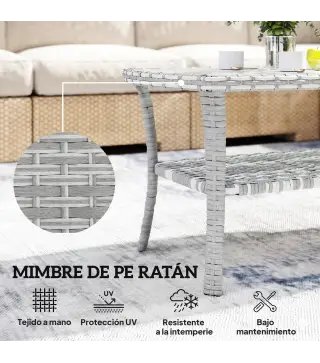 Mesa de Jardín Exterior Rectangular de Ratán con Estante Tablero de Vidrio Templado con Ondas 90x50x45 cm Gris Oscuro