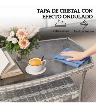 Mesa de Jardín Exterior Rectangular de Ratán con Estante Tablero de Vidrio Templado con Ondas 90x50x45 cm Gris Oscuro