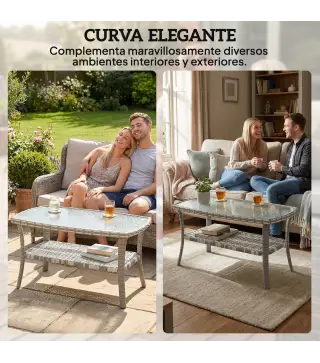 Mesa de Jardín Exterior Rectangular de Ratán con Estante Tablero de Vidrio Templado con Ondas 90x50x45 cm Gris Oscuro