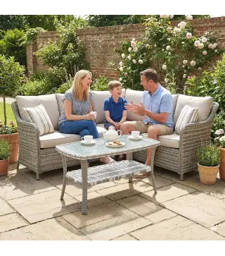 Mesa de Jardín Exterior Rectangular de Ratán con Estante Tablero de Vidrio Templado con Ondas 90x50x45 cm Gris Oscuro