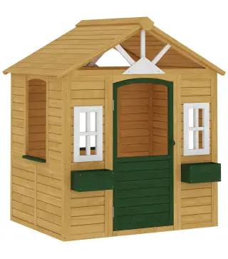 Casita Infantil Exterior e Interior de Madera Casita Infantil con 2 Maceteros 3 Ventanas Puerta para 3-8 Años Marrón