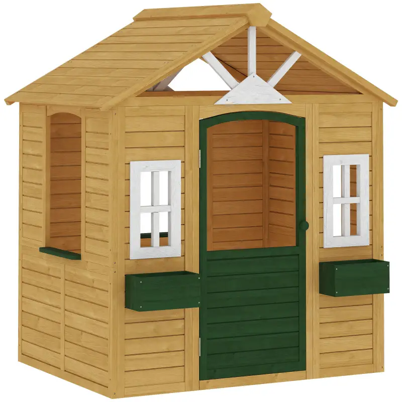 Casita Infantil Exterior e Interior de Madera Casita Infantil con 2 Maceteros 3 Ventanas Puerta para 3-8 Años Marrón