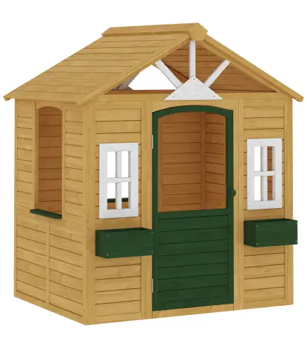 Casita Infantil Exterior e Interior de Madera Casita Infantil con 2 Maceteros 3 Ventanas Puerta para 3-8 Años Marrón