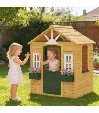 Casita Infantil Exterior e Interior de Madera Casita Infantil con 2 Maceteros 3 Ventanas Puerta para 3-8 Años Marrón