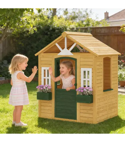 Casita Infantil Exterior e Interior de Madera Casita Infantil con 2 Maceteros 3 Ventanas Puerta para 3-8 Años Marrón