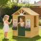 Casita Infantil Exterior e Interior de Madera Casita Infantil con 2 Maceteros 3 Ventanas Puerta para 3-8 Años Marrón