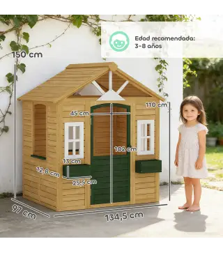 Casita Infantil Exterior e Interior de Madera Casita Infantil con 2 Maceteros 3 Ventanas Puerta para 3-8 Años Marrón