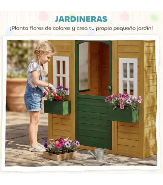 Casita Infantil Exterior e Interior de Madera Casita Infantil con 2 Maceteros 3 Ventanas Puerta para 3-8 Años Marrón