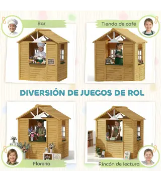 Casita Infantil Exterior e Interior de Madera Casita Infantil con 2 Maceteros 3 Ventanas Puerta para 3-8 Años Marrón