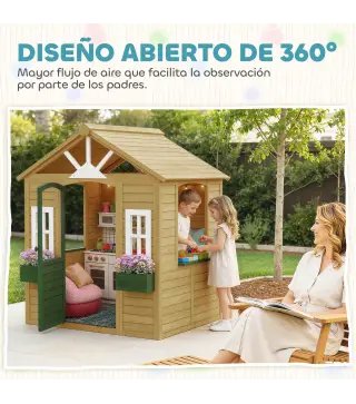 Casita Infantil Exterior e Interior de Madera Casita Infantil con 2 Maceteros 3 Ventanas Puerta para 3-8 Años Marrón