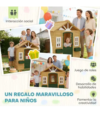 Casita Infantil Exterior e Interior de Madera Casita Infantil con 2 Maceteros 3 Ventanas Puerta para 3-8 Años Marrón