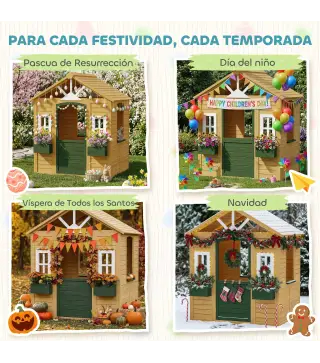 Casita Infantil Exterior e Interior de Madera Casita Infantil con 2 Maceteros 3 Ventanas Puerta para 3-8 Años Marrón