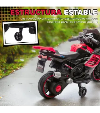 Moto Eléctrica para Niños 6V con Ruedas de Apoyo Música Faro para Niños de 18-36 Mesas Rojo