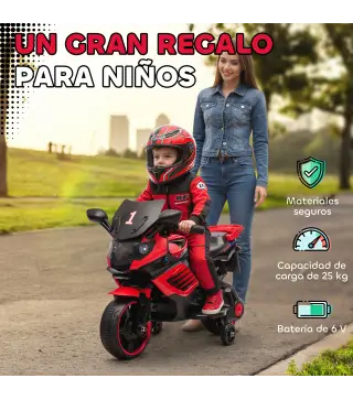 Moto Eléctrica para Niños 6V con Ruedas de Apoyo Música Faro para Niños de 18-36 Mesas Rojo