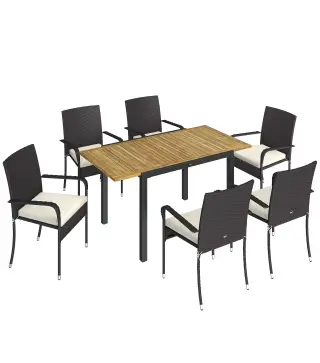 Conjunto de Mesa y Sillas Jardín de Ratán 7 Piezas con Mesa Extensible con Tablero Madera y 6 Sillas Apilables Cojines