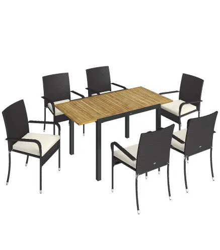 Conjunto de Mesa y Sillas Jardín de Ratán 7 Piezas con Mesa Extensible con Tablero Madera y 6 Sillas Apilables Cojines