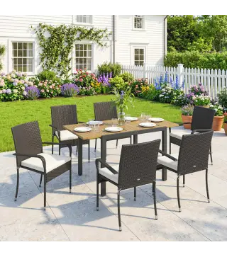 Conjunto de Mesa y Sillas Jardín de Ratán 7 Piezas con Mesa Extensible con Tablero Madera y 6 Sillas Apilables Cojines