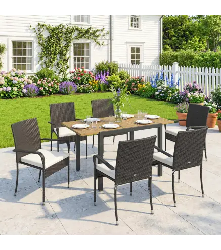 Conjunto de Mesa y Sillas Jardín de Ratán 7 Piezas con Mesa Extensible con Tablero Madera y 6 Sillas Apilables Cojines