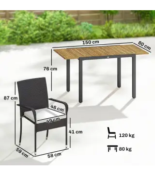 Conjunto de Mesa y Sillas Jardín de Ratán 7 Piezas con Mesa Extensible con Tablero Madera y 6 Sillas Apilables Cojines