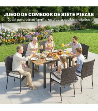 Conjunto de Mesa y Sillas Jardín de Ratán 7 Piezas con Mesa Extensible con Tablero Madera y 6 Sillas Apilables Cojines