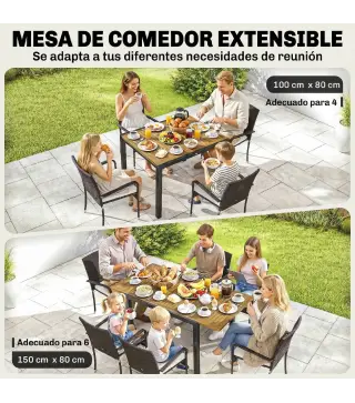 Conjunto de Mesa y Sillas Jardín de Ratán 7 Piezas con Mesa Extensible con Tablero Madera y 6 Sillas Apilables Cojines