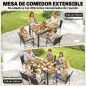 Conjunto de Mesa y Sillas Jardín de Ratán 7 Piezas con Mesa Extensible con Tablero Madera y 6 Sillas Apilables Cojines
