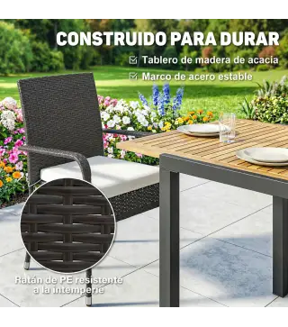 Conjunto de Mesa y Sillas Jardín de Ratán 7 Piezas con Mesa Extensible con Tablero Madera y 6 Sillas Apilables Cojines