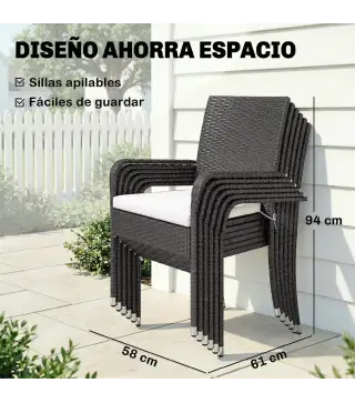 Conjunto de Mesa y Sillas Jardín de Ratán 7 Piezas con Mesa Extensible con Tablero Madera y 6 Sillas Apilables Cojines