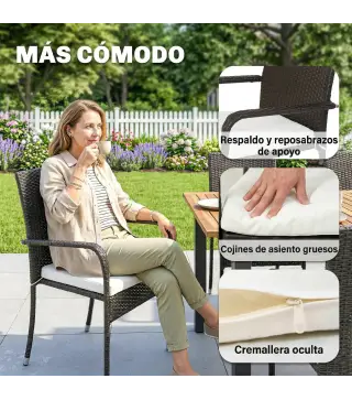 Conjunto de Mesa y Sillas Jardín de Ratán 7 Piezas con Mesa Extensible con Tablero Madera y 6 Sillas Apilables Cojines