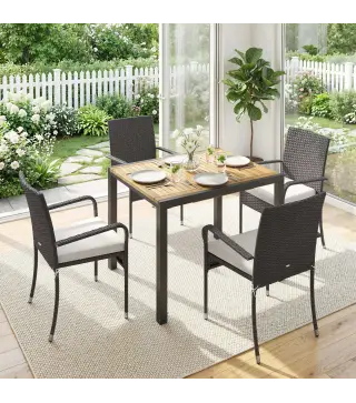 Conjunto de Mesa y Sillas Jardín de Ratán 7 Piezas con Mesa Extensible con Tablero Madera y 6 Sillas Apilables Cojines