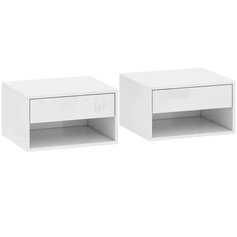 Juego de 2 Mesitas de Noche Flotantes Mesillas de Noche con Cajón y Estante Abierto 37x32x21 cm Blanco Brillante Juego de 2 Mesitas de Noche Flotantes Mesillas de Noche con Cajón y Estante Abierto 37x32x21 cm Blanco Brillante