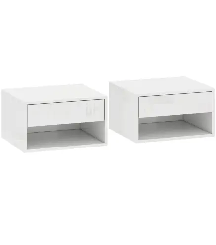 Juego de 2 Mesitas de Noche Flotantes Mesillas de Noche con Cajón y Estante Abierto 37x32x21 cm Blanco Brillante