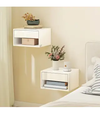 Juego de 2 Mesitas de Noche Flotantes Mesillas de Noche con Cajón y Estante Abierto 37x32x21 cm Blanco Brillante