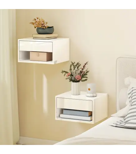 Juego de 2 Mesitas de Noche Flotantes Mesillas de Noche con Cajón y Estante Abierto 37x32x21 cm Blanco Brillante