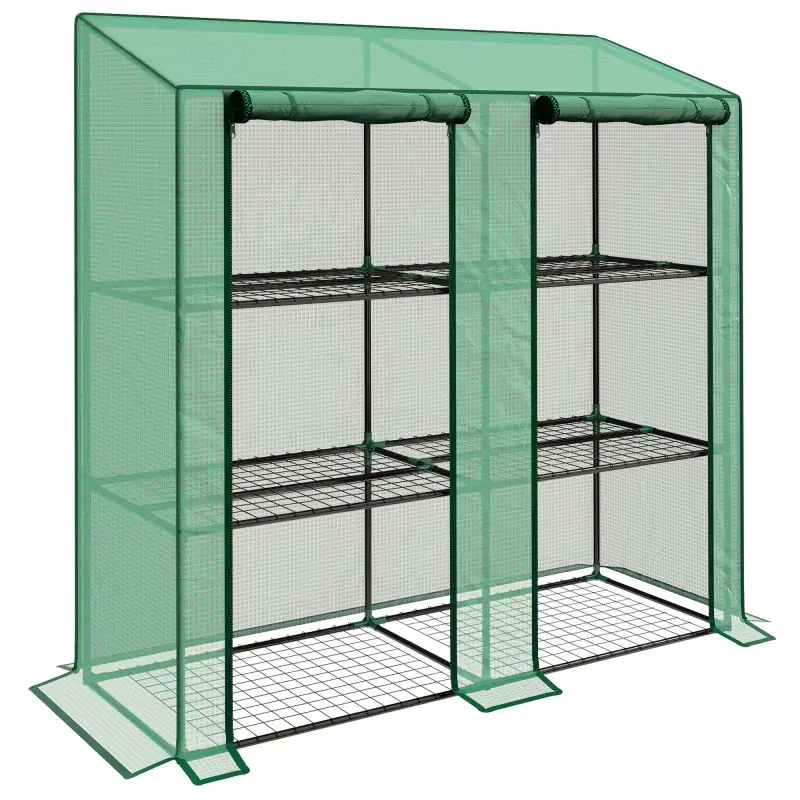 Invernadero de Jardín de 3 Niveles con Estantes Techo Inclinado y Puertas con Cremallera 143x46x141/151 cm Verde