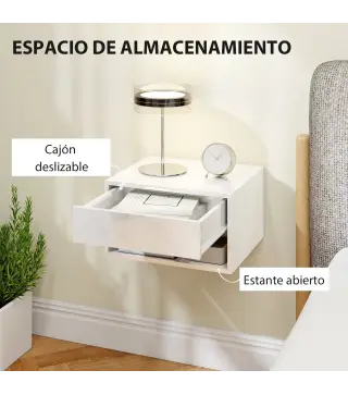 Juego de 2 Mesitas de Noche Flotantes Mesillas de Noche con Cajón y Estante Abierto 37x32x21 cm Blanco Brillante