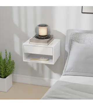 Juego de 2 Mesitas de Noche Flotantes Mesillas de Noche con Cajón y Estante Abierto 37x32x21 cm Blanco Brillante