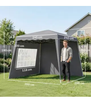 Carpa Plegable Pop-up 2,89x2,89m Cenador Pabellón de Jardín con Paredes Laterales Altura Ajustable Protección UV50+ Gris