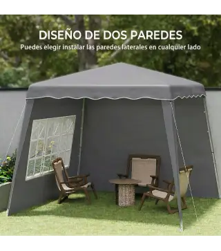 Carpa Plegable Pop-up 2,89x2,89m Cenador Pabellón de Jardín con Paredes Laterales Altura Ajustable Protección UV50+ Gris