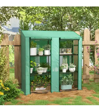 Invernadero de Jardín de 3 Niveles con Estantes Techo Inclinado y Puertas con Cremallera 143x46x141/151 cm Verde