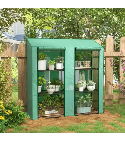 Invernadero de Jardín de 3 Niveles con Estantes Techo Inclinado y Puertas con Cremallera 143x46x141/151 cm Verde
